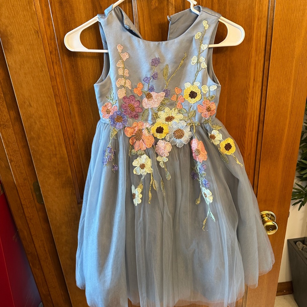 Azazie Kids Dress with Floral Embroidery - Blue - Picture 1 of 5